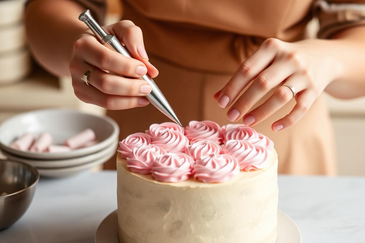 Manos decorando una torta con crema rosa usando manga pastelera