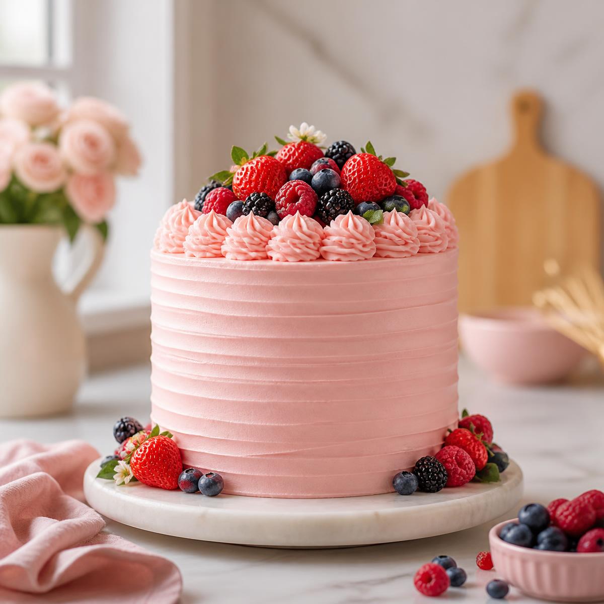 Torta profesional decorada con crema rosa pastel y frutos rojos